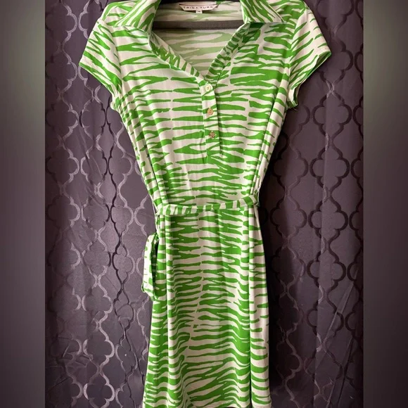 Trina Turk Vibrant Green and White animal print stripe Dress w/tie belt size S - Picture 2 of 7